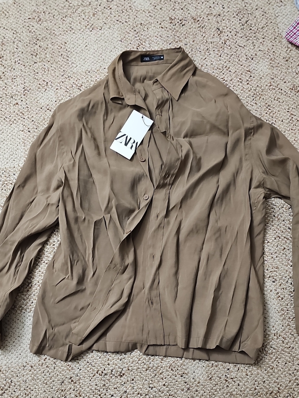 Zara Olive Brown Long Sleeve Button-Up Dress Shirt